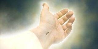 A palm up hand appearing to be Jesus' is shown in an aura of light with a piercing on the wrist.