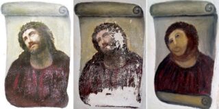 A before and after picture of a poorly restored painting of Jesus.