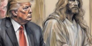 Jesus sitting next to Trump in a courtroom