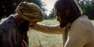 A scene from The Chosen, Jesus and the leper.