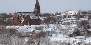 Bangor, Maine church with a light dusting of snow.