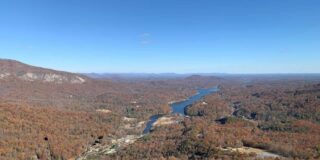 Aerial view of Chimney Rock NC in the fall.